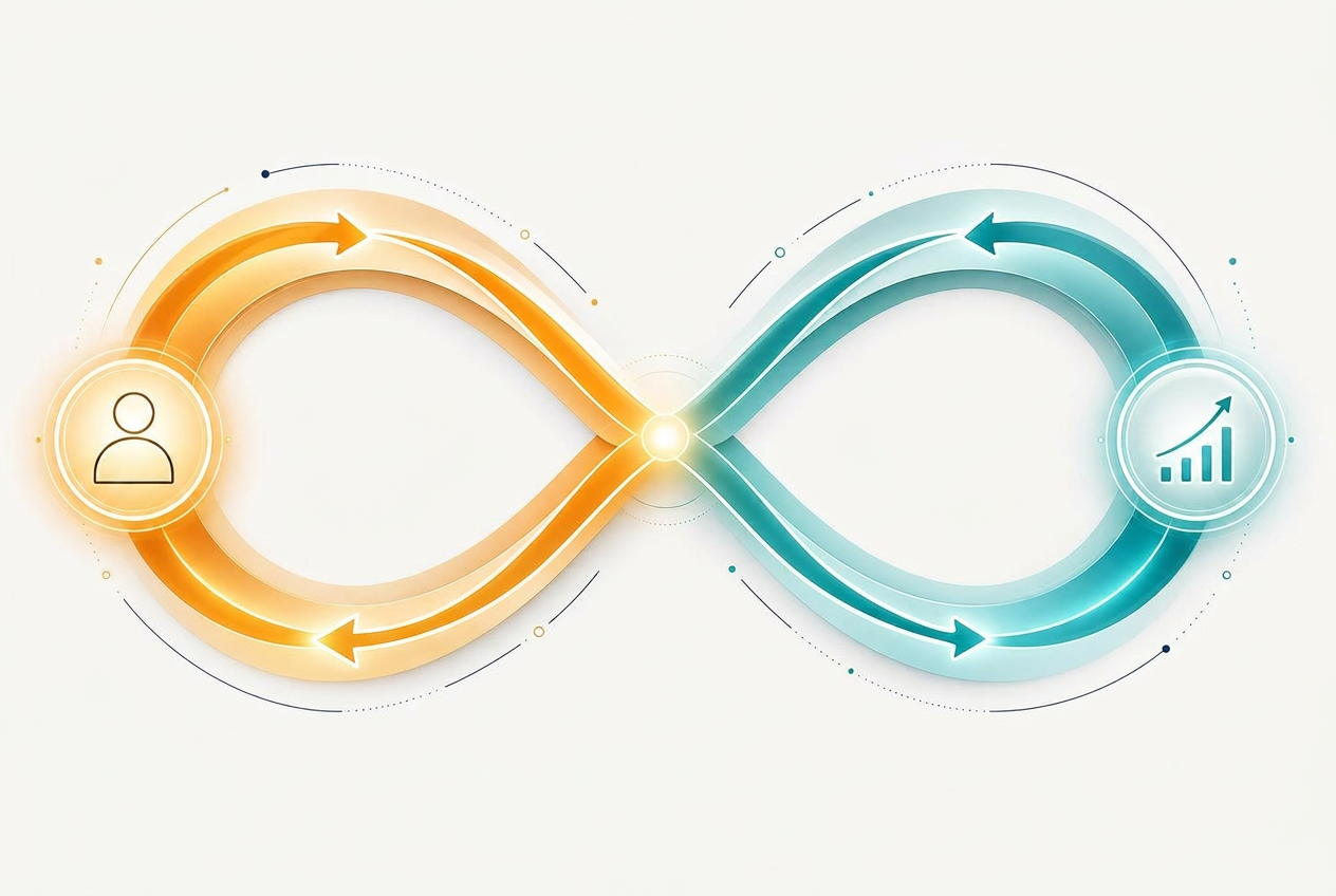Bi-directional personalization loop: Leader feeds Member, Member signals System, System guides Leader